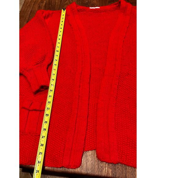 Hand Knit Red Cardigan Womens L XL Sweater Chunky Open Front Oversized Cozy Warm - Picture 3 of 7